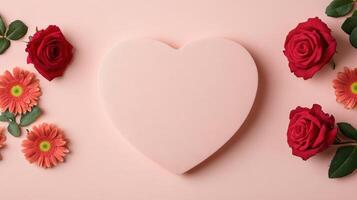 Pink red shaped card with pinks roses and heart daisies surrounding it, on a baby pink background photo