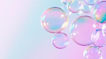 soap colorful bubbles floating against pastel gradient background, design children entertainment photo