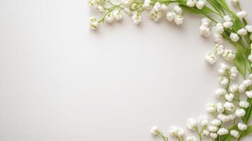 White background with the green leafy a lily of wreath. valley photo