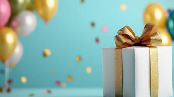 Luxury party gift with box golden ribbon bow on festive birthday background with balloons, confetti photo
