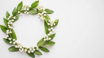 White background with a green lily wreath. leafy of the valley photo