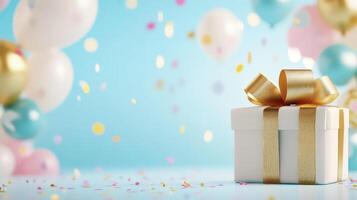 Luxury party confetti box with golden ribbon bow on festive birthday background with balloons, gift photo