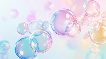 colorful soap bubbles against children pastel gradient background, design floating entertainment photo