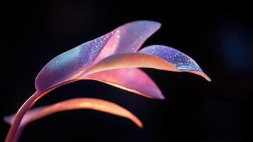 Glowing shimmering, leaf with a monstera iridescent surface. The leaf is illuminated photo