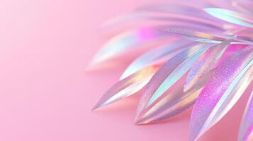 Glittering iridescent on leaf a palm pink background. The beauty is soft, dreamy and ethereal with metallic tones of purple photo