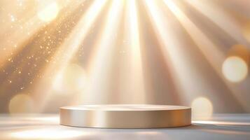 Podium with golden Golden lamps background. light light award stage with rays and sparks photo