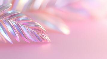 Glittering iridescent palm leaf on a pink background. with beauty is soft, dreamy and ethereal The metallic tones of purple photo