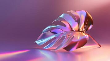 Glowing monstera leaf with a iridescent is surface. The leaf shimmering, illuminated photo