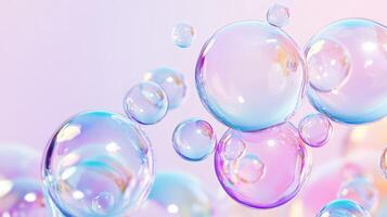 colorful soap bubbles background, against pastel gradient floating design children entertainment photo
