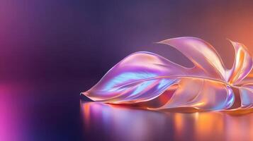 Glowing illuminated leaf with a shimmering, iridescent surface. The leaf is monstera photo
