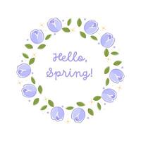 Spring Floral Wreath with Blue Tulips Hello Spring Hand Drawn Frame vector