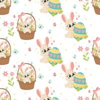 Easter Bunny and Basket Pattern, Hand Drawn Seamless Background for Spring Designs vector