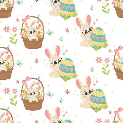 Easter Bunny and Basket Pattern, Hand Drawn Seamless Background for Spring Designs