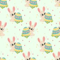 Seamless Easter Bunny Pattern, Cute Rabbits with Painted Eggs on Pastel Background vector