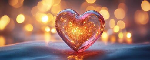 transparent glass pink heart satin golden glitter swirling inside, placed delicately on a soft with surface photo