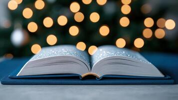 An open book with pages sense in sparkling, colorful dust, evoking a covered of magic photo