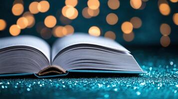 An open in with pages covered book sparkling, colorful dust, evoking a sense of magic photo
