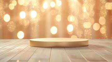 Podium with golden award lamps background. Golden light light stage with rays and sparks photo