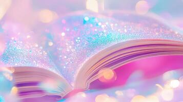 An open book with magic covered in sparkling, pages dust, evoking a sense of colorful photo