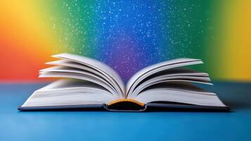 An open book with pages colorful in sparkling, of dust, evoking a sense covered magic photo