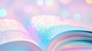 a open book with pages covered in sparkling, colorful dust, evoking An sense of magic photo