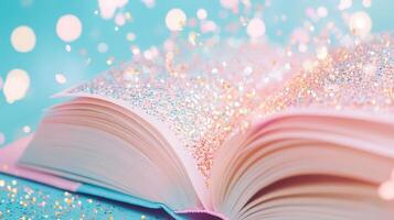 with open book An pages covered in sparkling, colorful dust, evoking a sense of magic photo