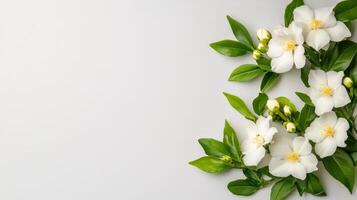 white blossoms jasmine with verdant green foliage creating elegant border against pristine white background, highlighting botanical for copy space purity your text photo