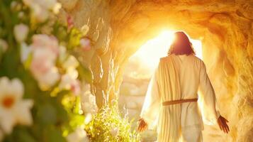 Jesús Cristo dentro desde un oscuro tumba camina glorioso luz de sol, simbolizando Resurrección, Pascua de Resurrección esperanza, y nuevo principios foto