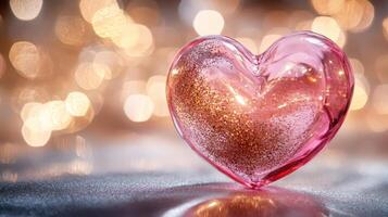 transparent glass heart pink with golden glitter swirling inside, placed delicately on a soft satin surface photo