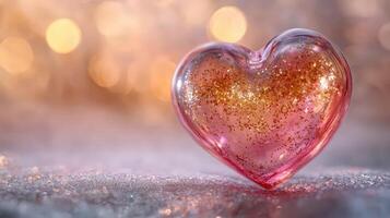 transparent glass pink heart with on glitter swirling inside, placed golden delicately a soft satin surface photo
