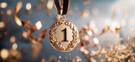gold medal with number one for 1st with laurel wreath on festive background sport stadium place confetti, design trophy photo
