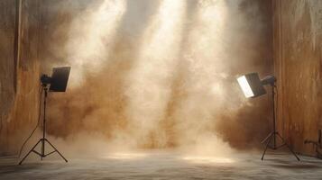 Powerful spotlights casting light, creating a bright ambiance in a photography or film studio, ready for shooting photo studio background