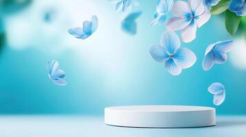 Soft blue flower spring featuring cascading white podium, background hydrangea blossoms elegantly framing minimalist product display surface Copy space for text photo
