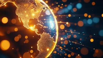 Golden planet earth rotating with data flowing and connecting america in digital cyberspace photo