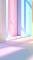 Pastel colors Geometric background dominate a surreal scene with a glowing prism rectangular casting light onto a reflective surface, creating a dreamlike atmosphere. Vertical format abstract photo
