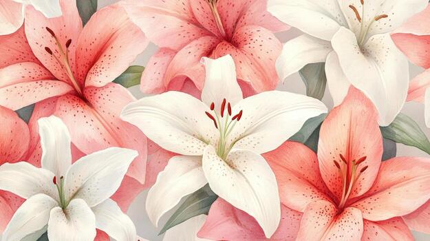 Soft watercolor rendering capturing delicate pastel and white lilies blooming against muted pink background photo