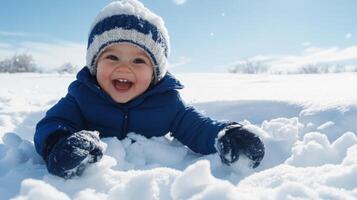 A joyful child plays in the snow winter, eyes sparkling with happiness, capturing the pure innocence and thrill of experiencing a snow day blue bright under skies photo