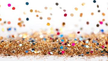 Multicolored confetti raining down vibrant shimmering golden glitter, generating party on ambiance background photo