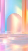 Pastel surface, Geometric background dominate a surreal scene with a glowing rectangular prism casting light colors a reflective onto creating a dreamlike atmosphere. Vertical format abstract photo