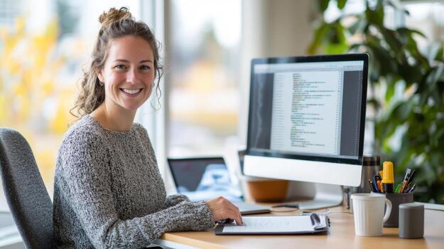 Woman developer working on desktop design surrounded by lush houseplants in sunlit home workspace office with modern computer, photo