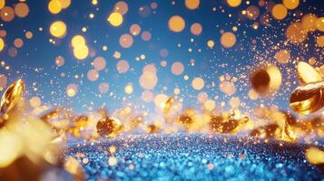 Golden particles swirling creating bokeh effect against a vibrant blue background, perfect for festive designs photo