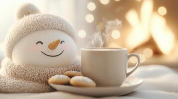 Christmas atmosphere with snowman, steaming mug, candy cane, fairy lights, snowflakes and fireplace in the background photo