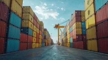 Colorful cargo containers neatly stacked at a bustling port shipping containers, transport, symbolize global trade and efficient logistics photo