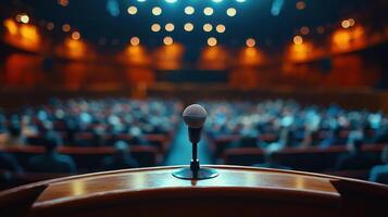 Professional microphone standing on podium, conference hall blurred behind, ready keynote presentation rostrum on a stage for a conference photo