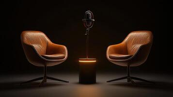 Modern podcast studio setup with microphone, two empty chairs, ready table, and circular neon light, small for recording photo