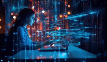 Programmer using woman laptop and creating futuristic software with holographic source code in cyberspace photo