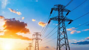 Group Electricity pylons and high voltage of transmission sunset lines stand silhouetted against a vibrant power blue sky industrial background photo