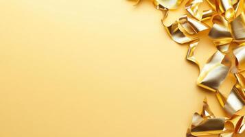 Golden ribbons curling across bright yellow surface, symbolizing holiday and festive celebration mood photo