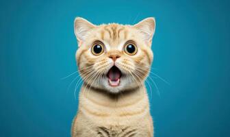 Wide eyed very surprised tabby cat marveling, mouth agape, wide open and wide eyes bright blue background, expressing pure feline shock and wonder photo