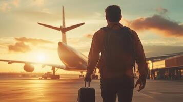 a tourist silhouette man walking through carrying bustling airport terminal, Young a backpack, eagerly heading off on an exciting trip travel background photo